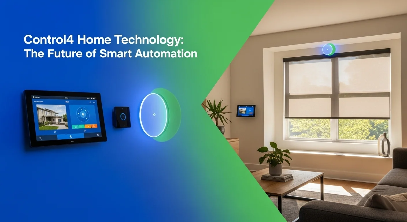 Modern technology landscape with business elements and tech solutions for 4 Home