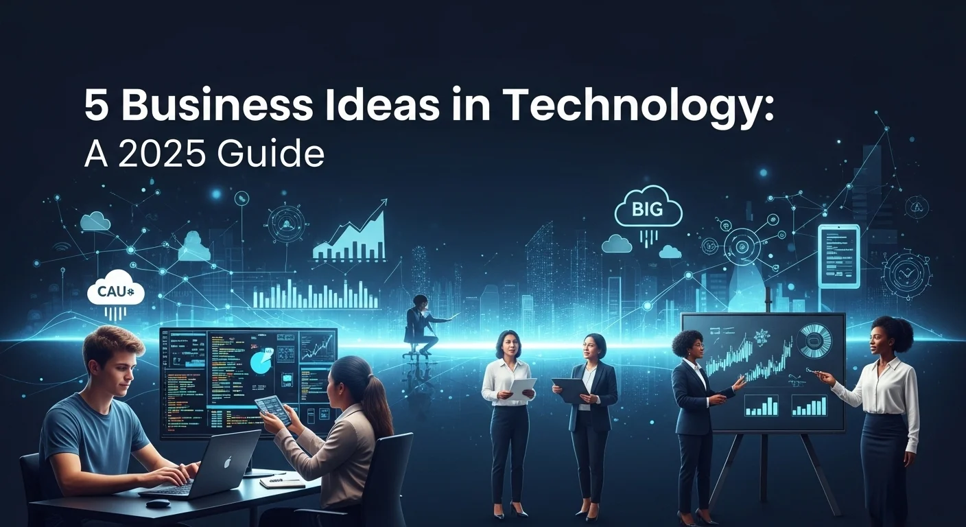 Modern technology landscape with business elements and tech solutions for 5 Business