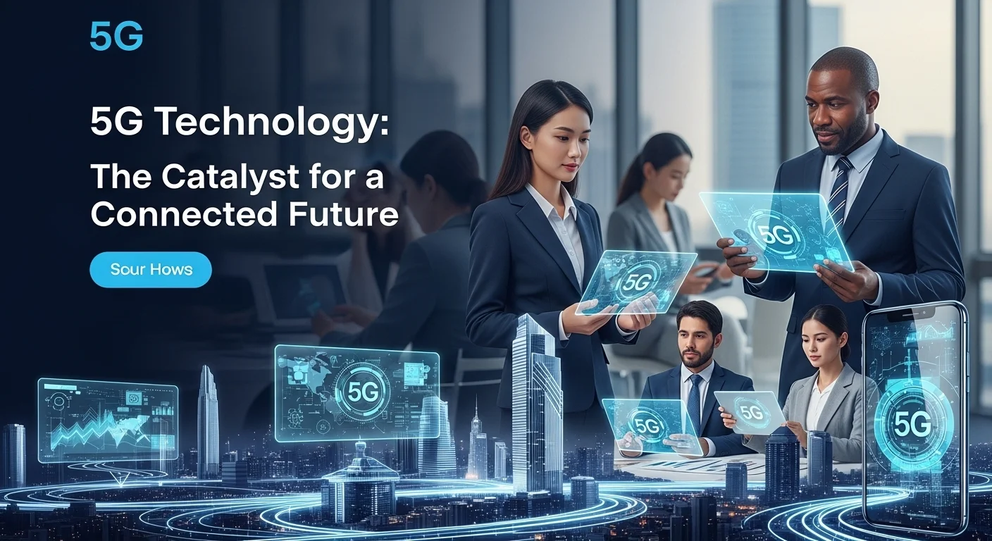 Modern technology landscape with business elements and tech solutions for 5g