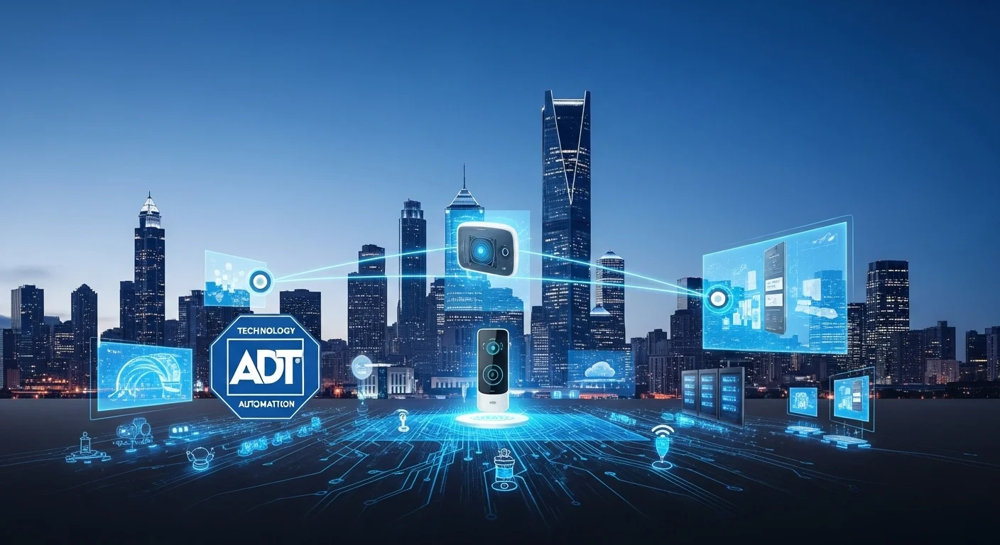 Modern technology landscape with business elements and tech solutions for Adt