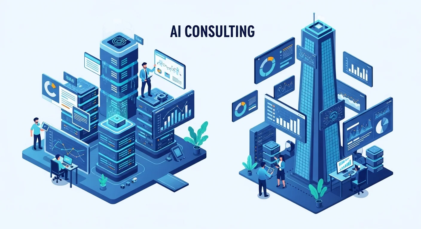 Modern technology landscape with business elements and tech solutions for Ai Consulting