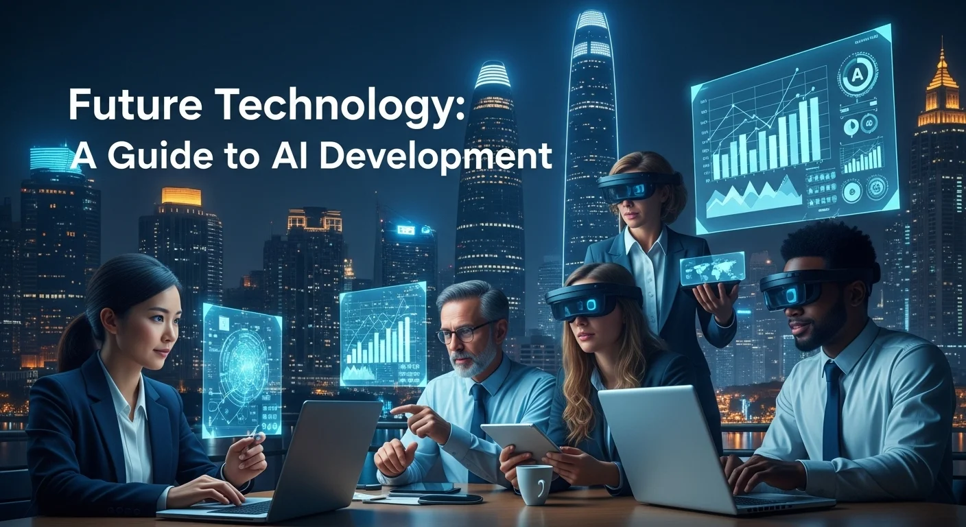Modern technology landscape with business elements and tech solutions for Ai Development
