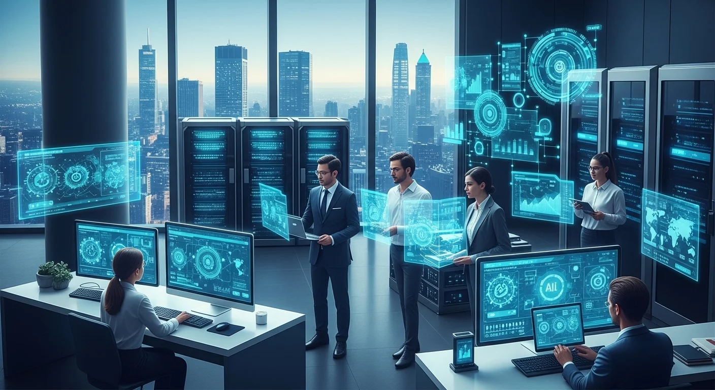 Modern technology landscape with business elements and tech solutions for Ai Ml