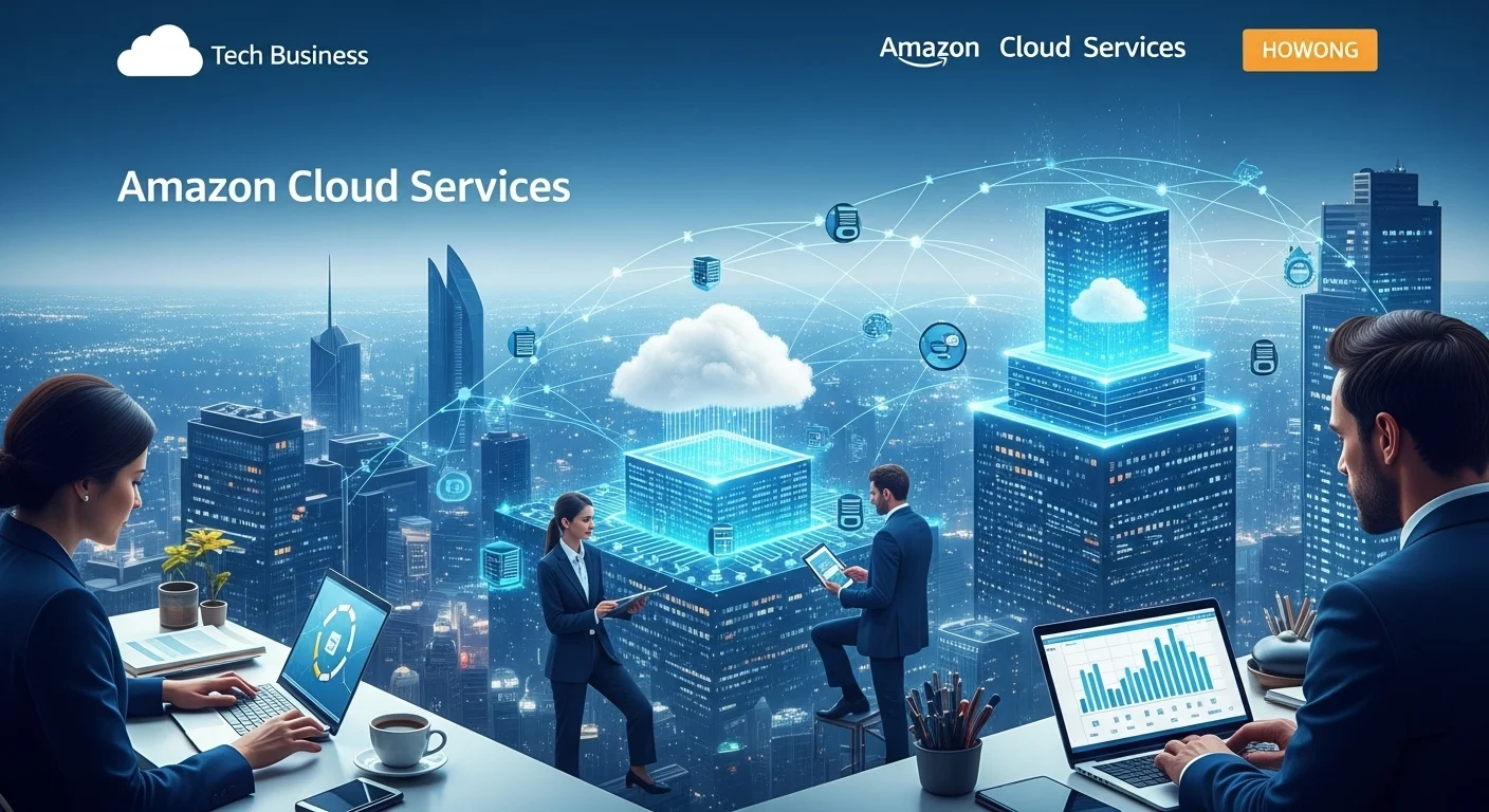 Modern technology landscape with business elements and tech solutions for Amazon Cloud Services