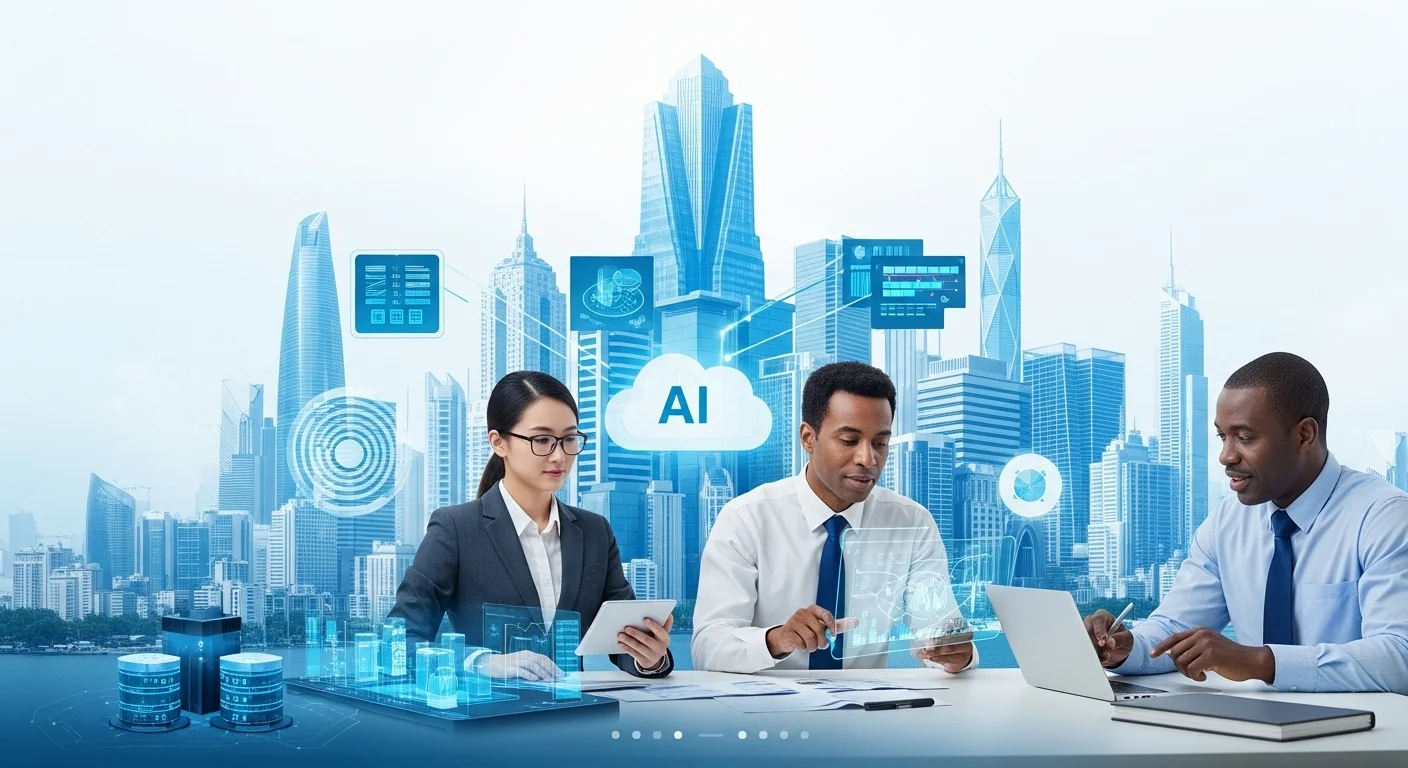 Modern technology landscape with business elements and tech solutions for Artificial Intelligence