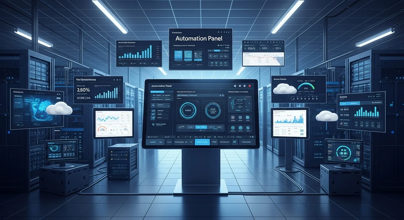 Modern technology landscape with business elements and tech solutions for Automation Panel