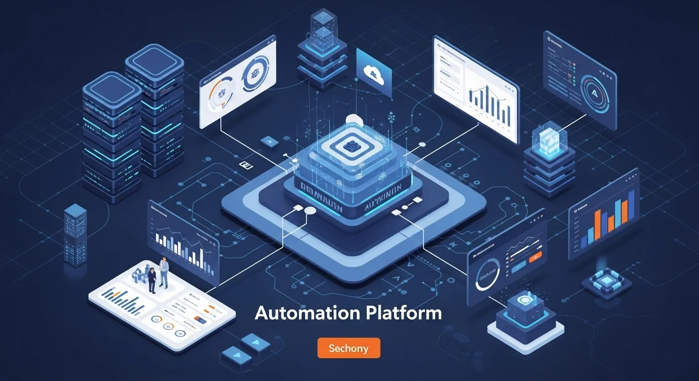 Modern technology landscape with business elements and tech solutions for Automation Platform