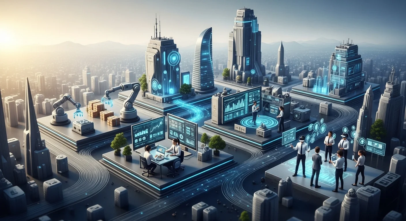 Modern technology landscape with business elements and tech solutions for Automation Solutions
