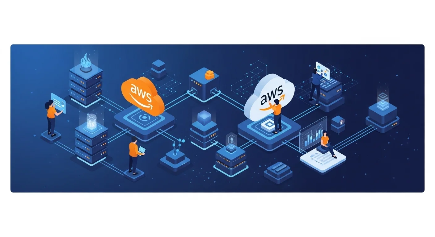 Modern technology landscape with business elements and tech solutions for Aws