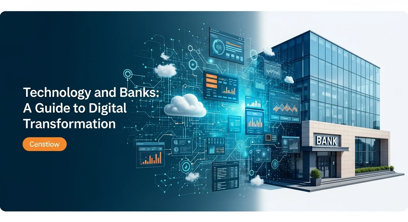 Modern technology landscape with business elements and tech solutions for Banks
