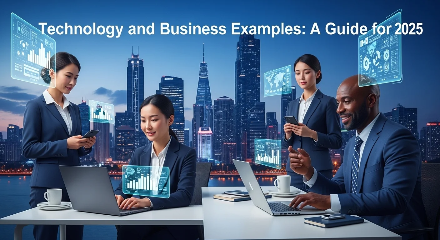 Modern technology landscape with business elements and tech solutions for Business Examples