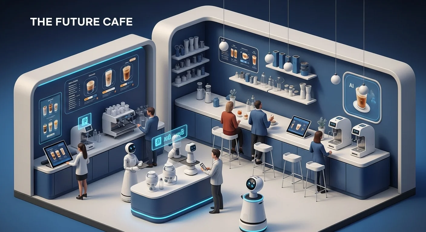 Modern technology landscape with business elements and tech solutions for Cafe