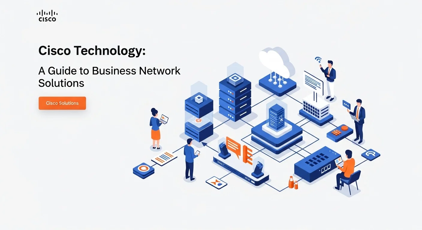 Modern technology landscape with business elements and tech solutions for Cisco