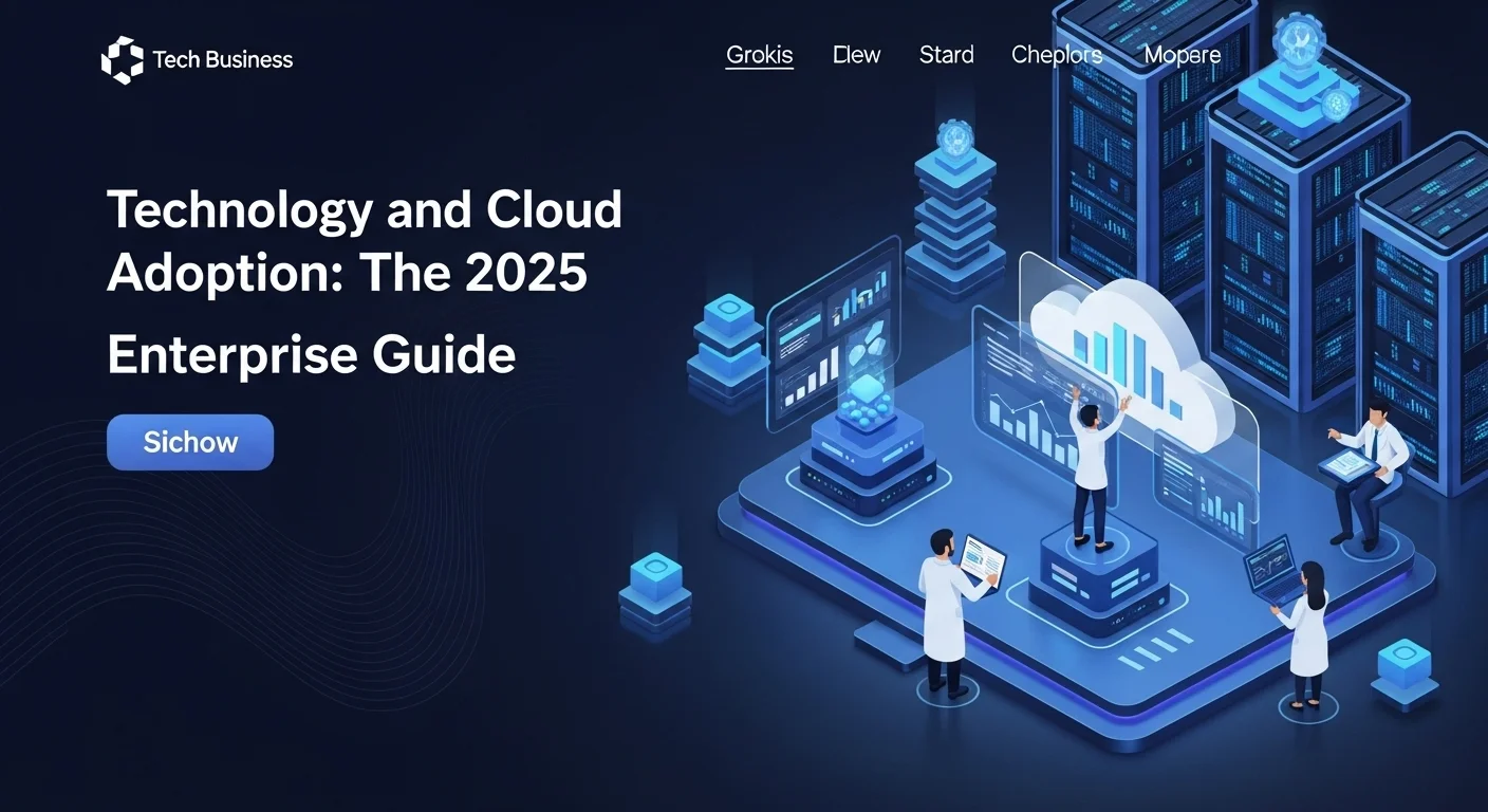 Modern technology landscape with business elements and tech solutions for Cloud Adoption