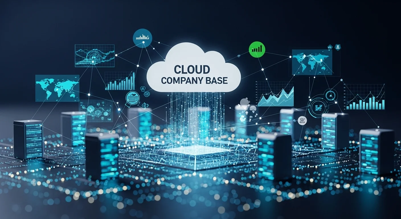 Modern technology landscape with business elements and tech solutions for Cloud Company Base