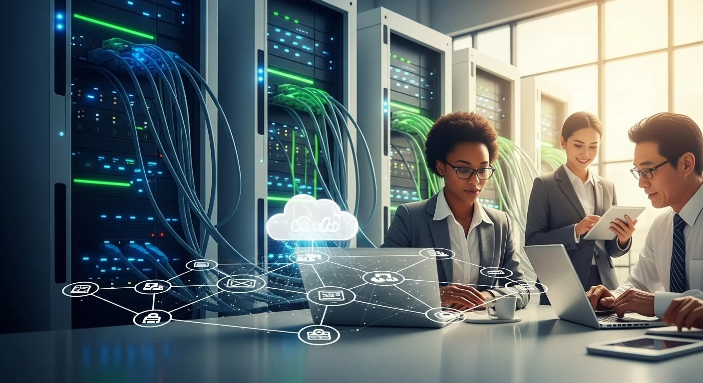 Modern technology landscape with business elements and tech solutions for Cloud Computing