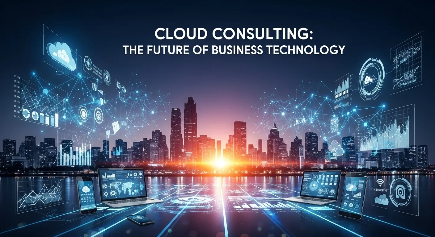 Modern technology landscape with business elements and tech solutions for Cloud Consulting