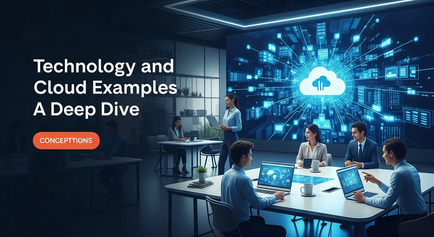 Modern technology landscape with business elements and tech solutions for Cloud Examples Comput