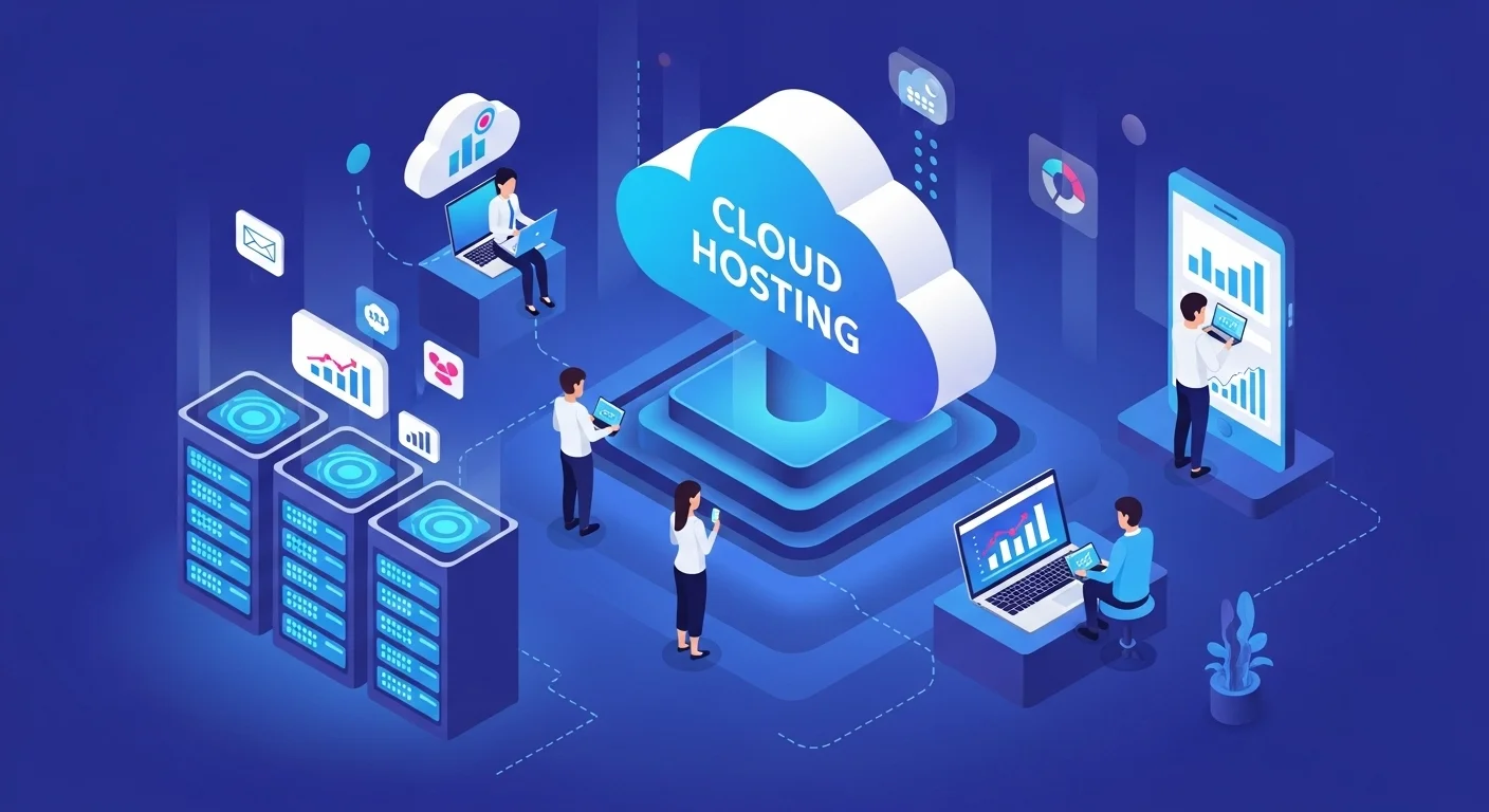 Modern technology landscape with business elements and tech solutions for Cloud Hosting