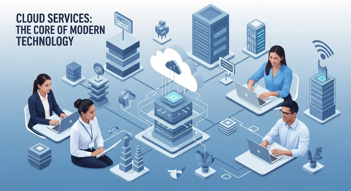Modern technology landscape with business elements and tech solutions for Cloud Services