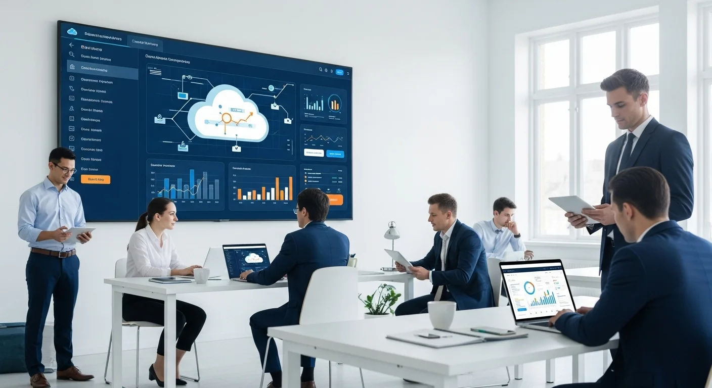 Modern technology landscape with business elements and tech solutions for Cloud Software Comput