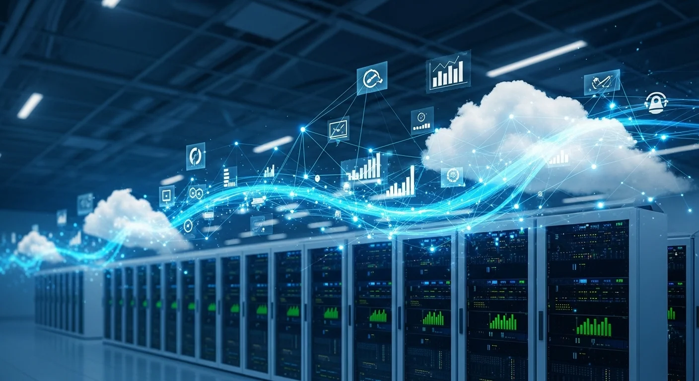 Modern technology landscape with business elements and tech solutions for Cloud Technology Comput