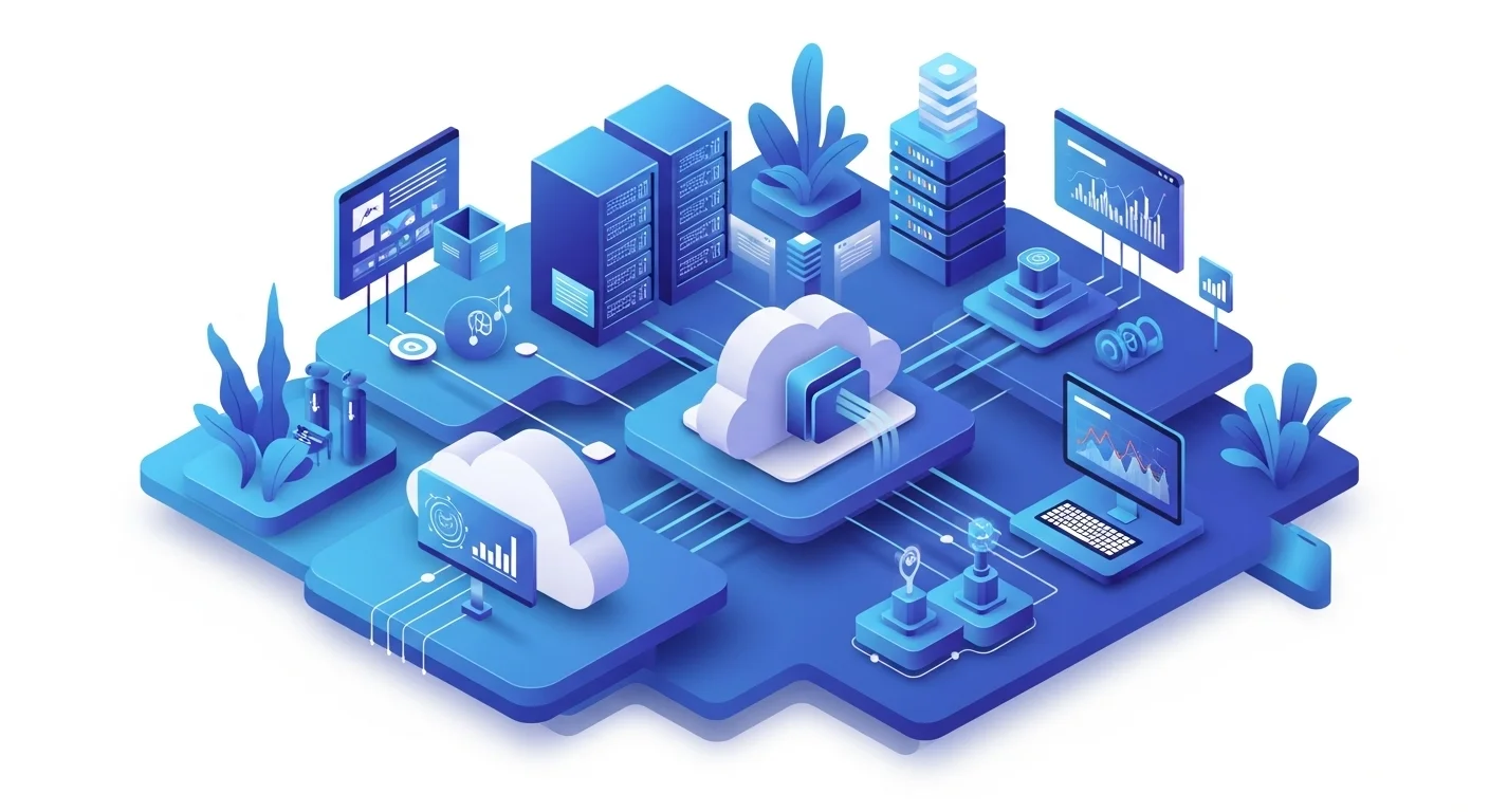 Modern technology landscape with business elements and tech solutions for Cloud Technology