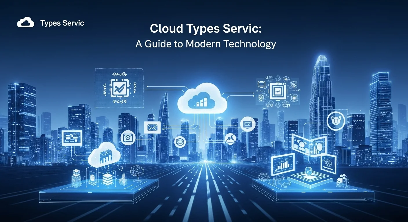 Modern technology landscape with business elements and tech solutions for Cloud Types Servic
