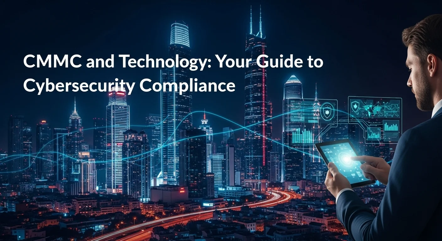 Modern technology landscape with business elements and tech solutions for Cmmc