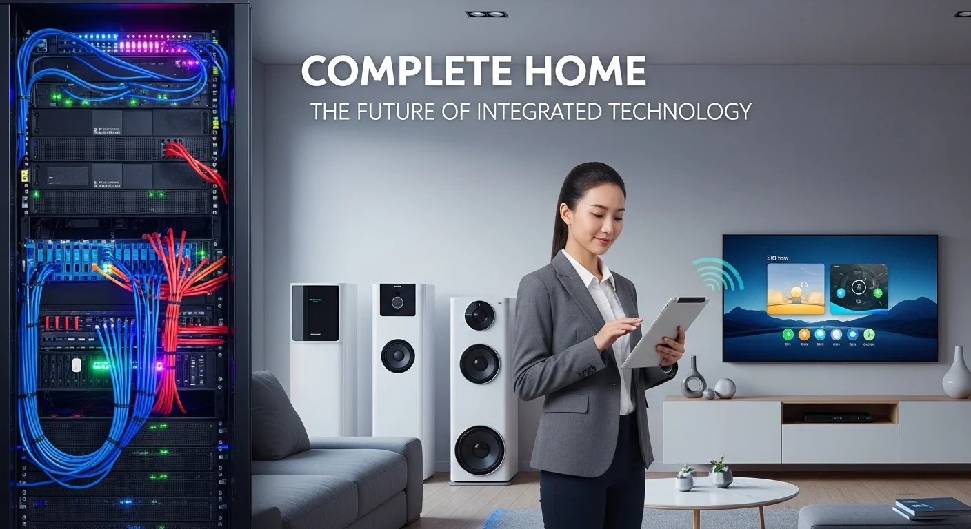Modern technology landscape with business elements and tech solutions for Complete Home