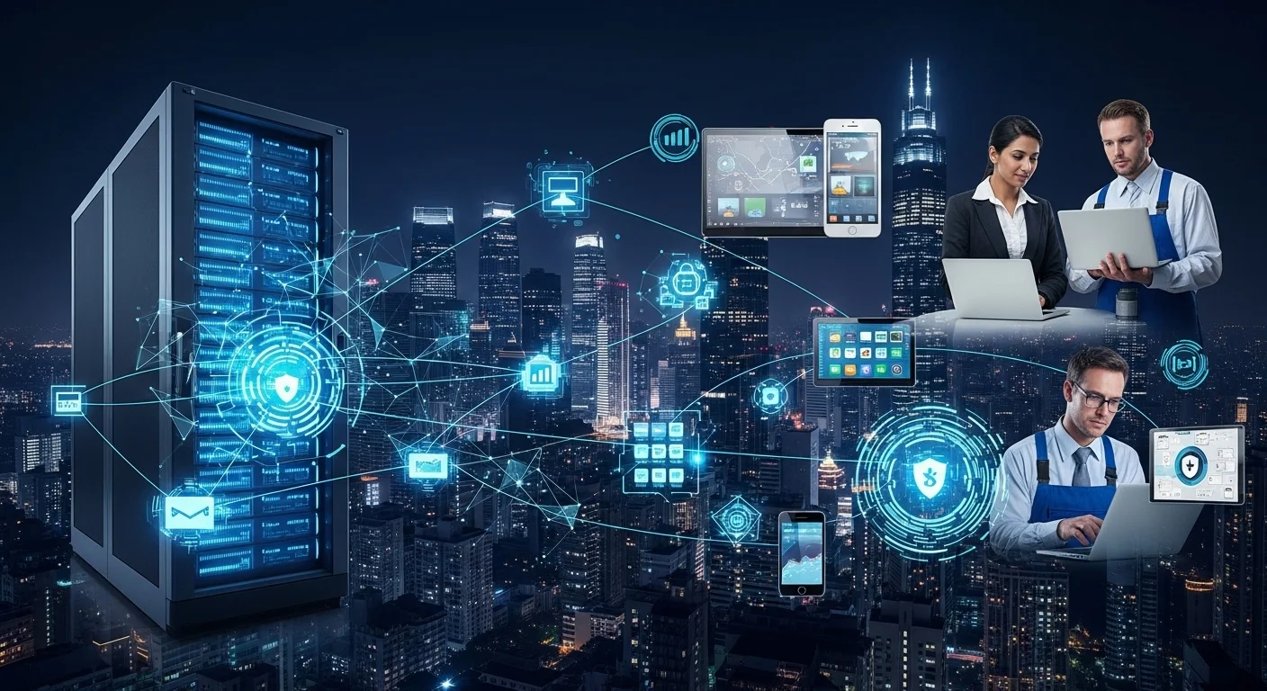 Modern technology landscape with business elements and tech solutions for Computer Security