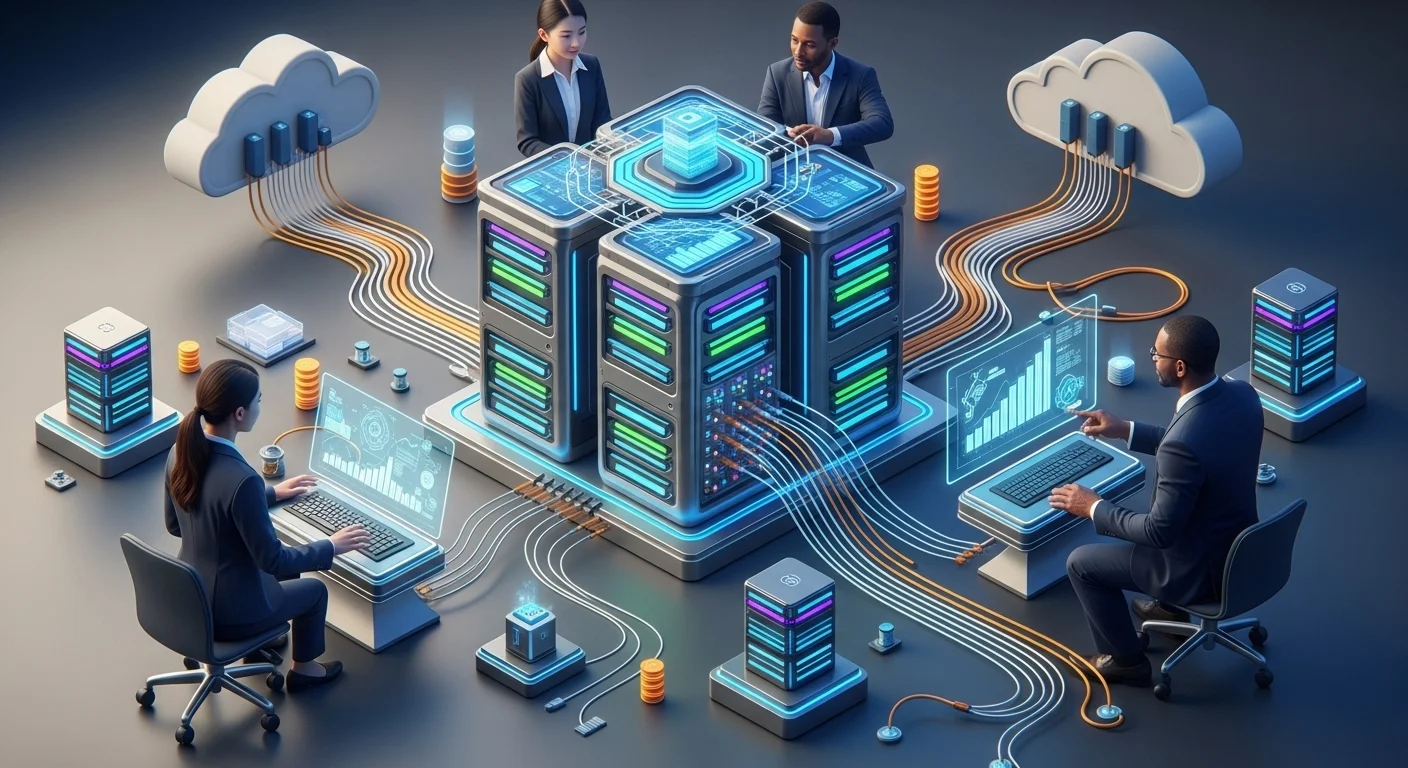 Modern technology landscape with business elements and tech solutions for Computer Storage