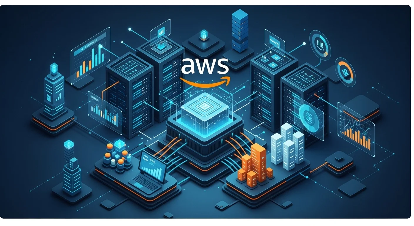Modern technology landscape with business elements and tech solutions for Computing Aws