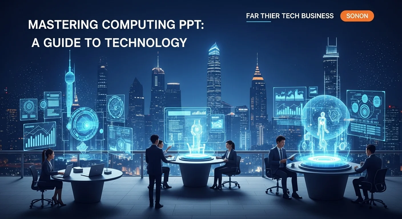 Modern technology landscape with business elements and tech solutions for Computing Ppt