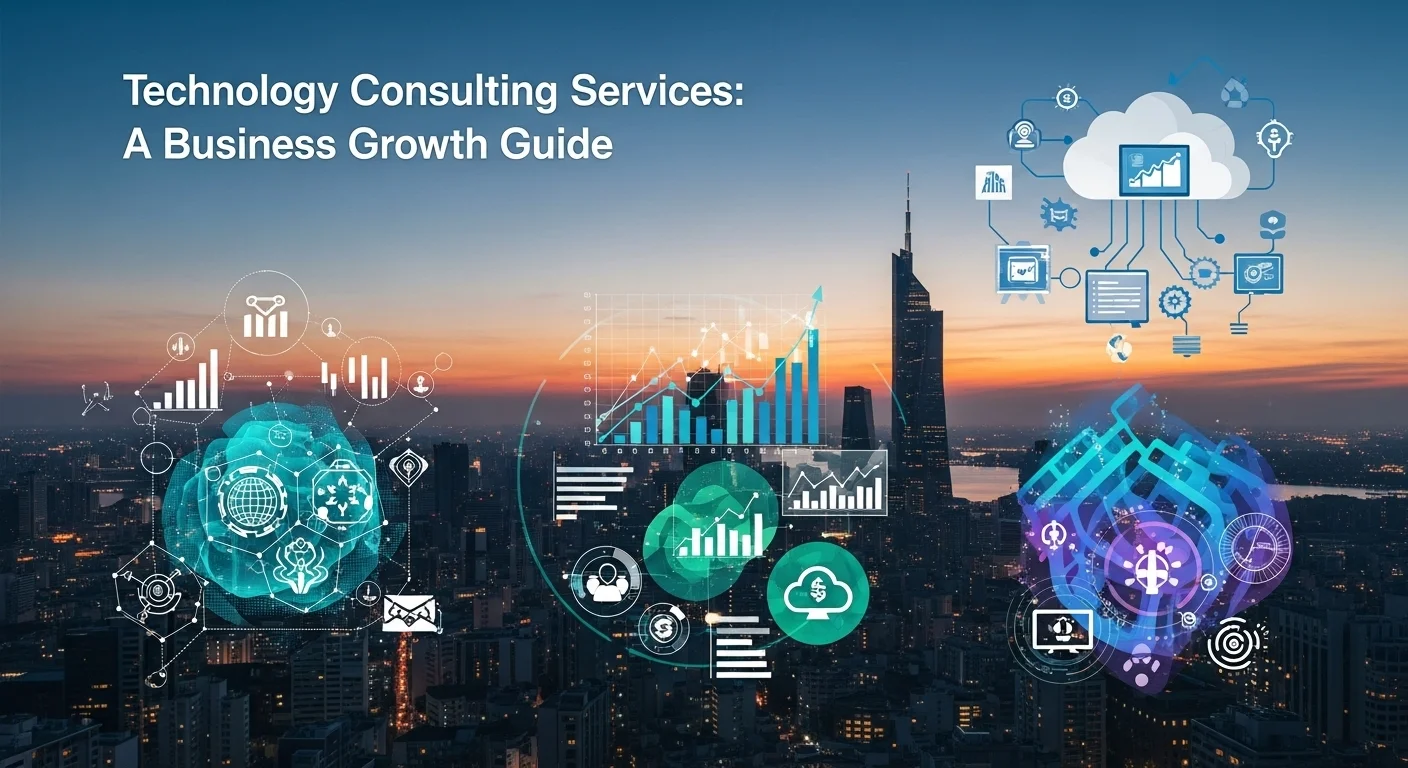 Modern technology landscape with business elements and tech solutions for Consulting Services