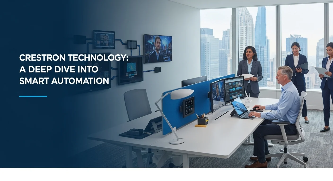 Modern technology landscape with business elements and tech solutions for Crestron