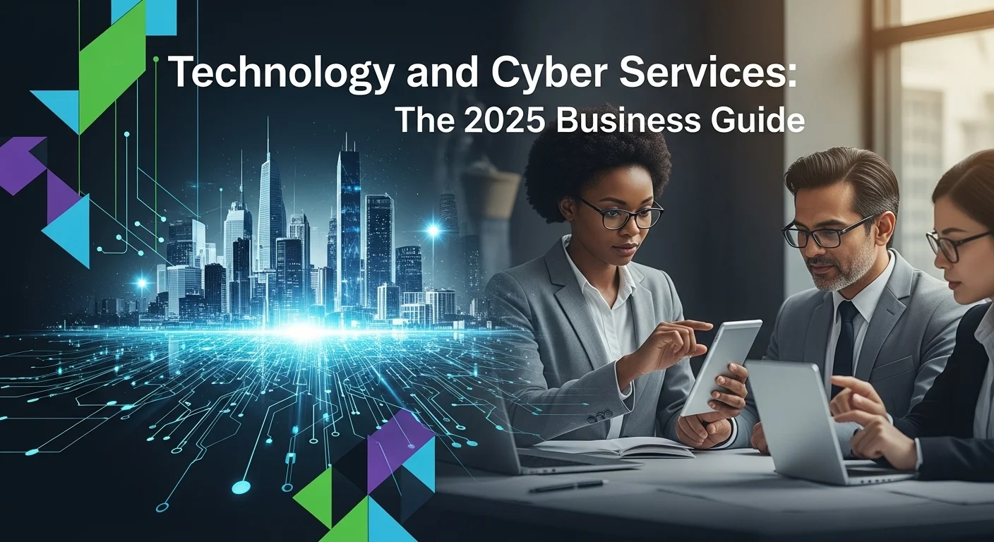 Modern technology landscape with business elements and tech solutions for Cyber Services