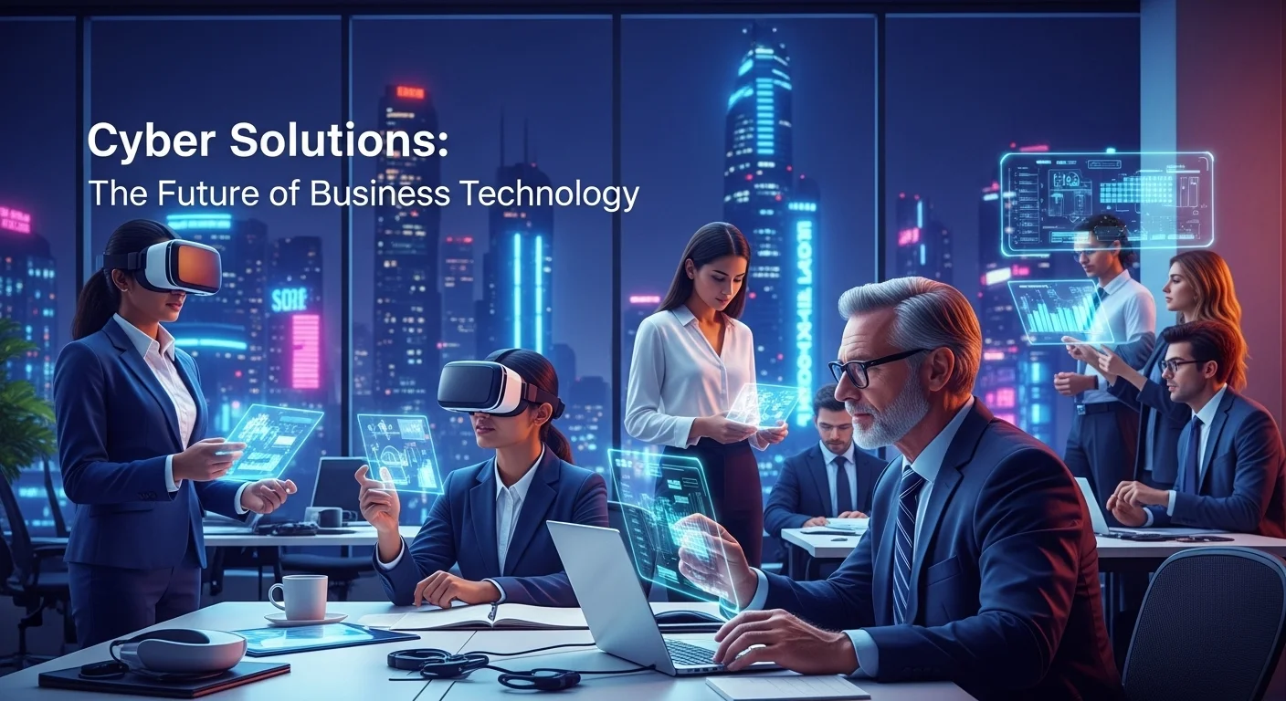 Modern technology landscape with business elements and tech solutions for Cyber Solutions