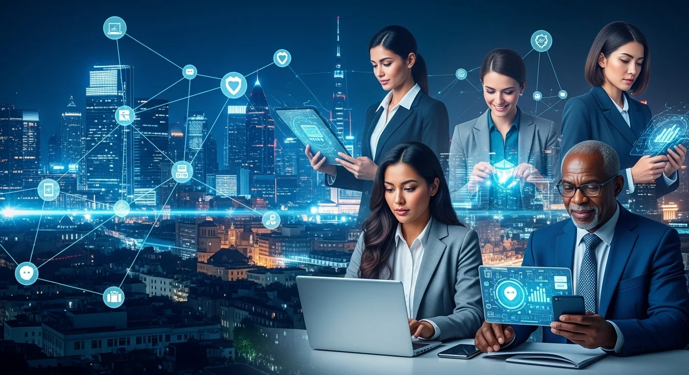 Modern technology landscape with business elements and tech solutions for Cybersecurity Linkedin