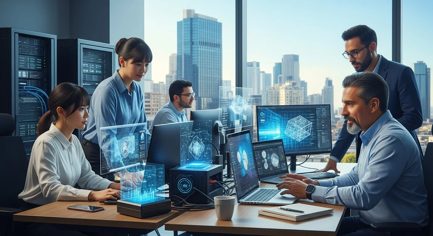 Modern technology landscape with business elements and tech solutions for Dall
