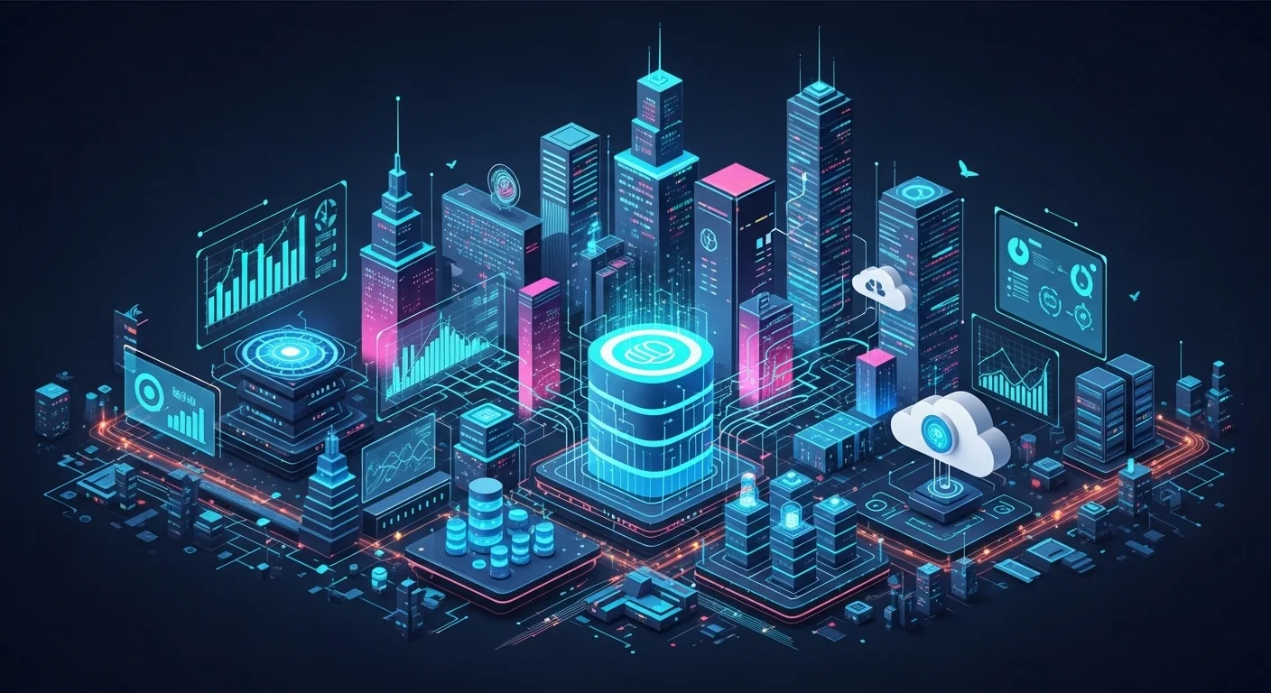 Modern technology landscape with business elements and tech solutions for Database