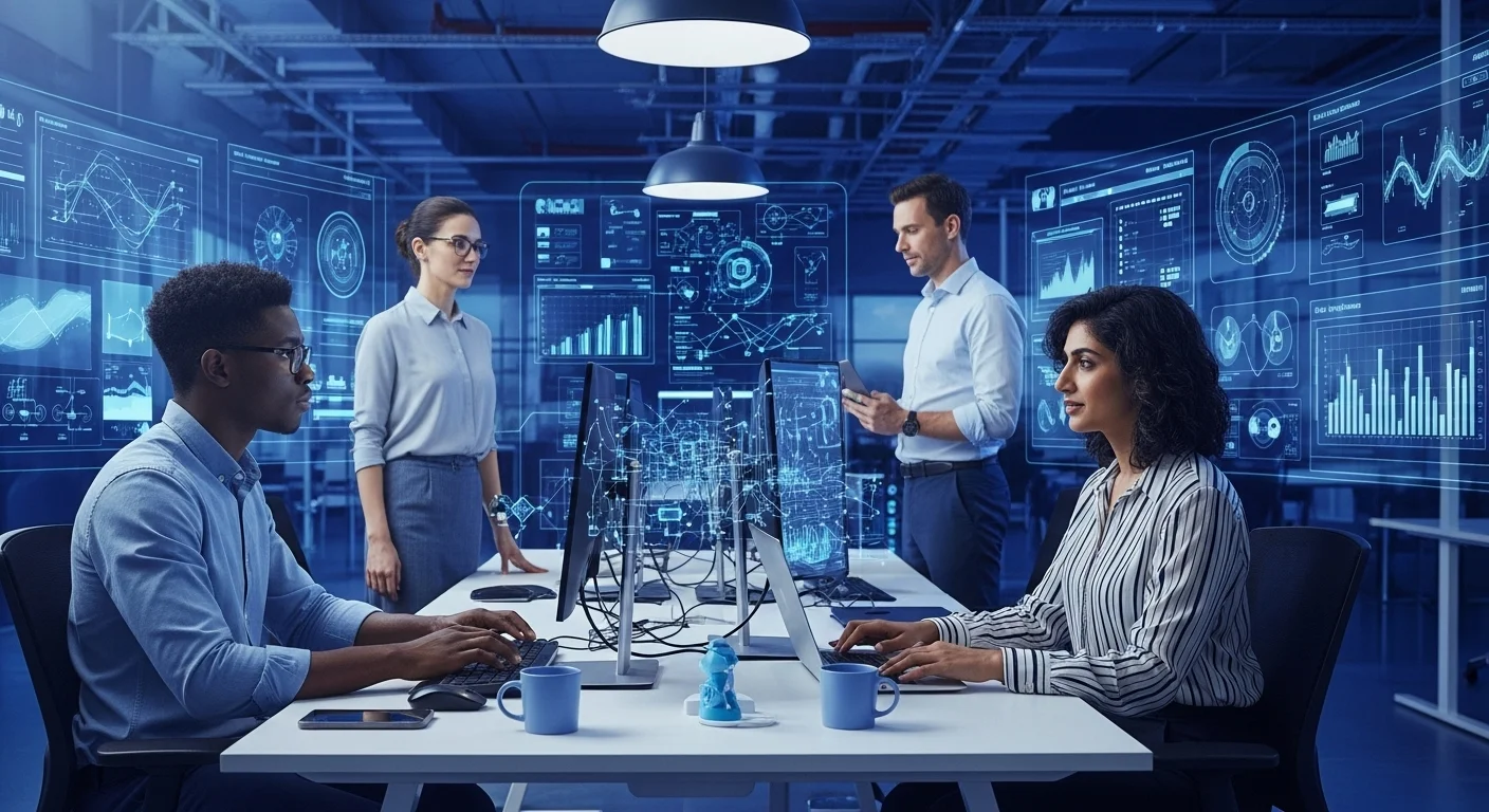 Modern technology landscape with business elements and tech solutions for Deepmind