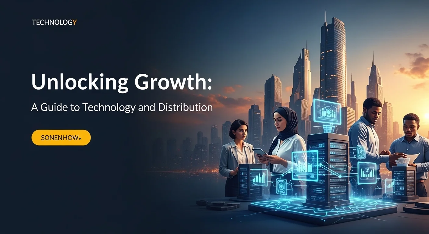 Modern technology landscape with business elements and tech solutions for Distribution