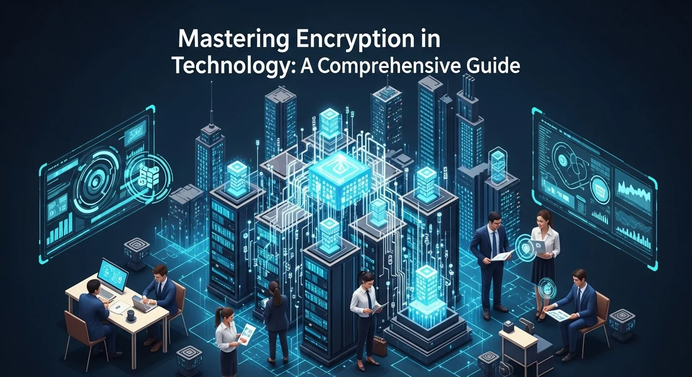 Modern technology landscape with business elements and tech solutions for Encryption