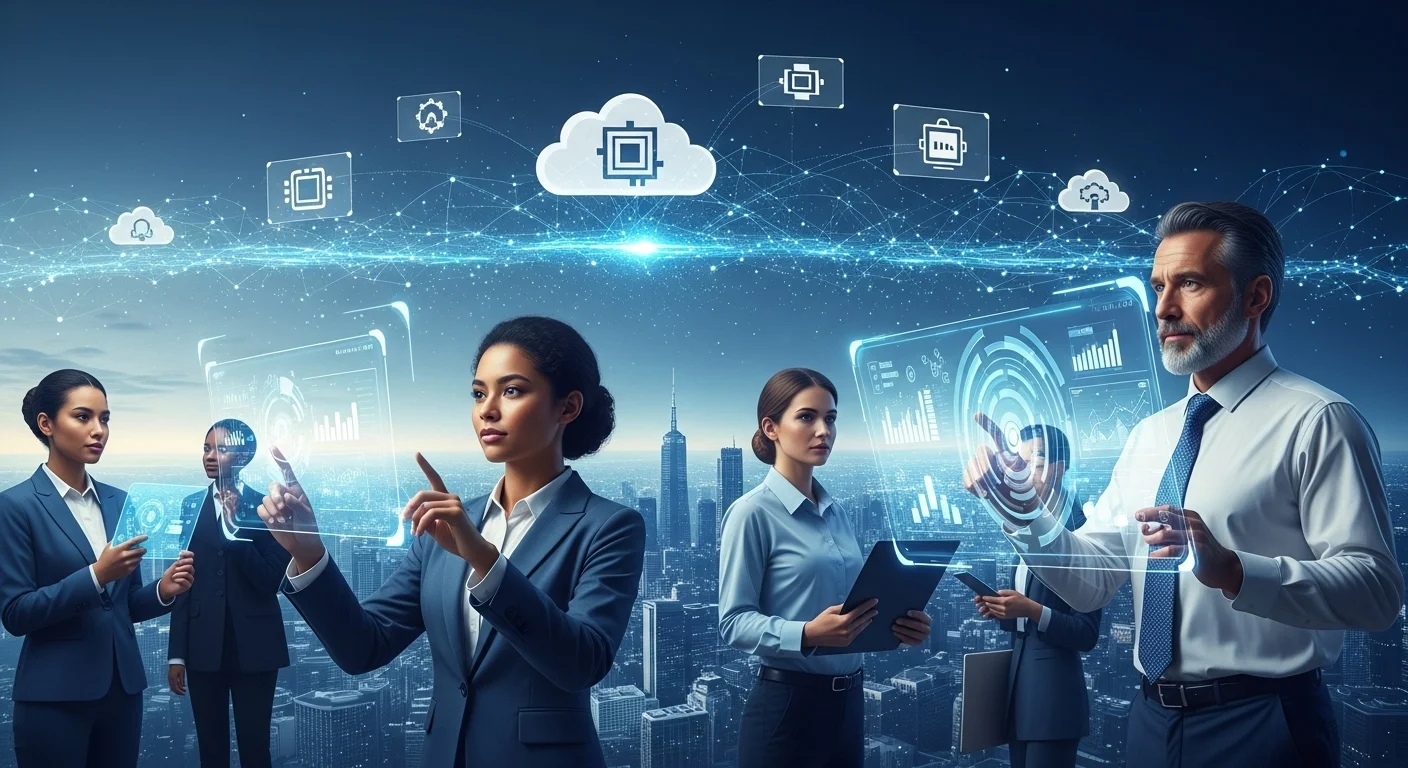 Modern technology landscape with business elements and tech solutions for Enterprise Cloud