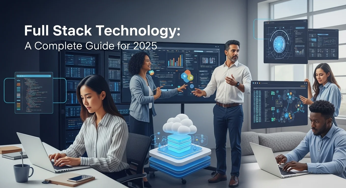 Modern technology landscape with business elements and tech solutions for Full Stack