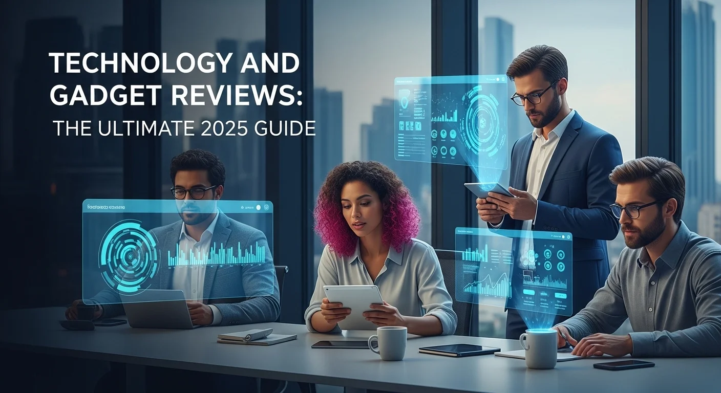 Modern technology landscape with business elements and tech solutions for Gadget Reviews
