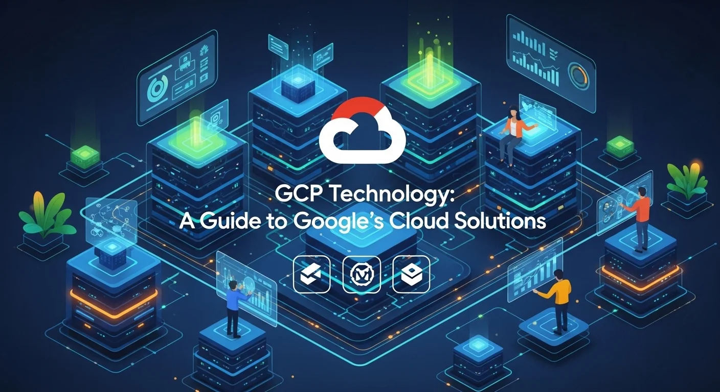 Modern technology landscape with business elements and tech solutions for Gcp