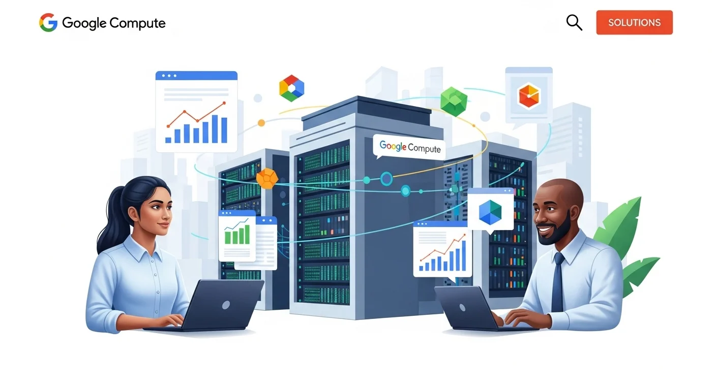 Modern technology landscape with business elements and tech solutions for Google Compute