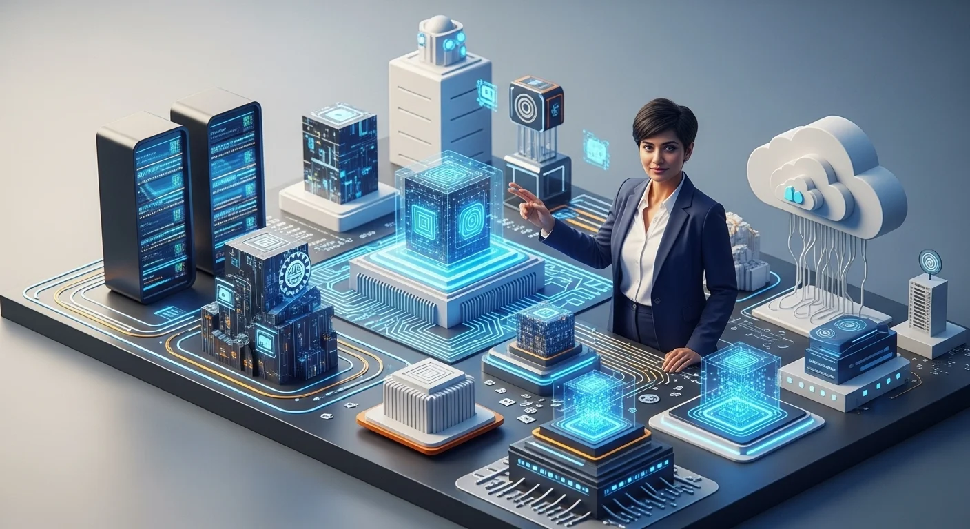 Modern technology landscape with business elements and tech solutions for Google Engineer